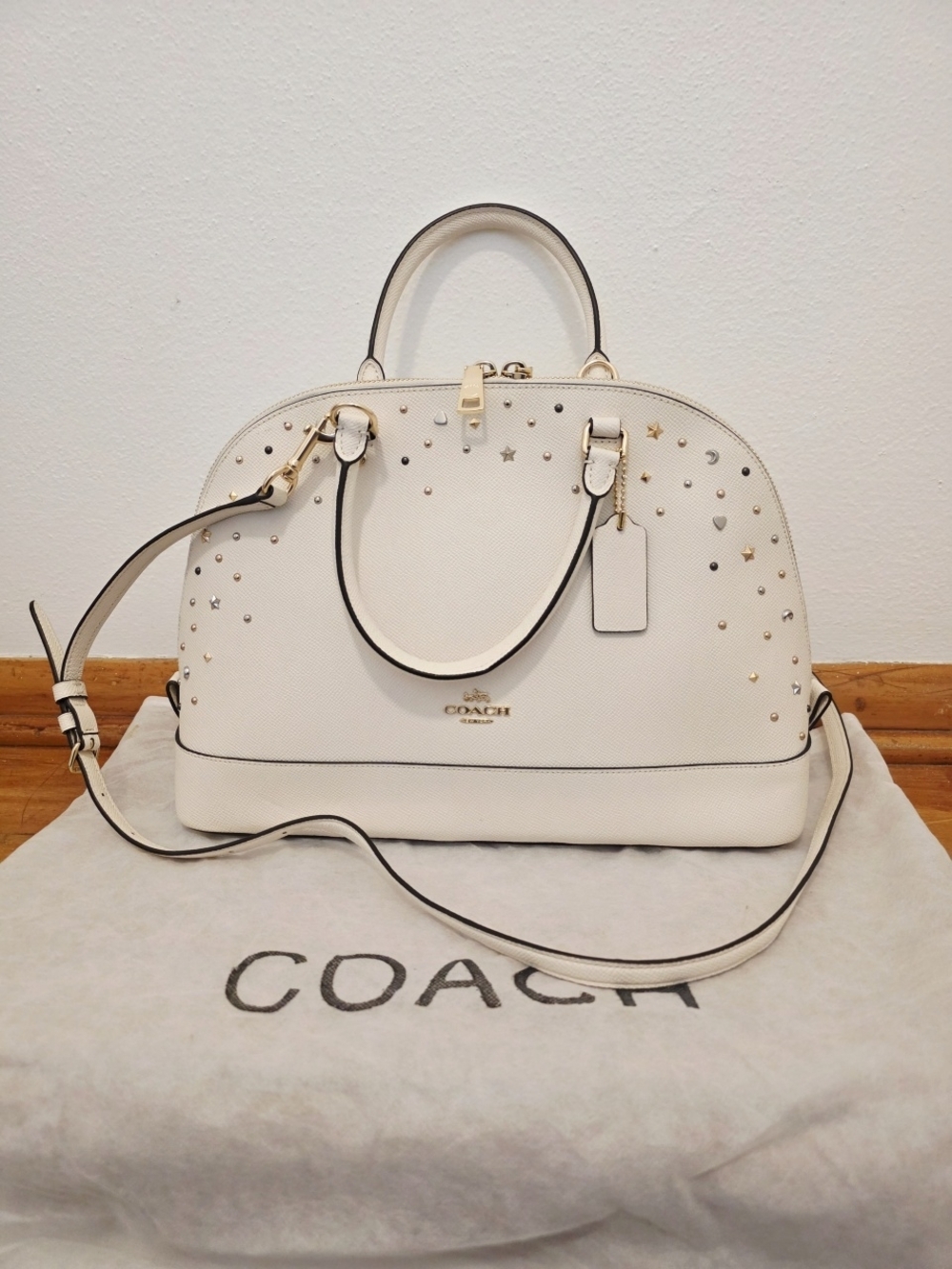 COACH Sierra Satchel + Accordian Zip Wallet w/ Stardust Studs In Chalk - Picture 3 of 16